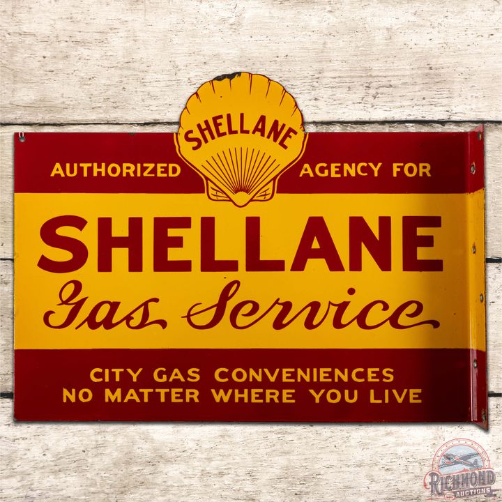 22" Shellane Gas Service DS Porcelain Flange Sign w/ Clam Shell Logo