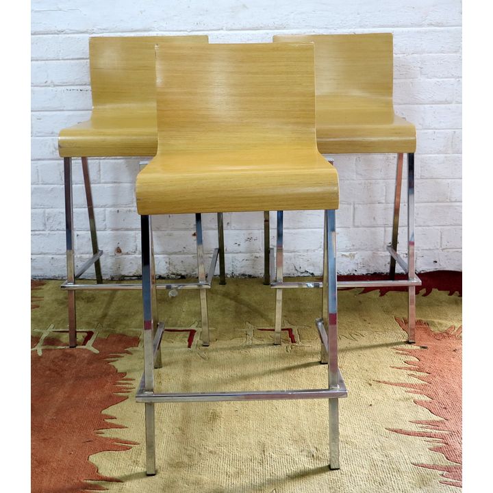 SET OF 3 CHROME AND LAMINATED WOOD KITCHEN STOOLS