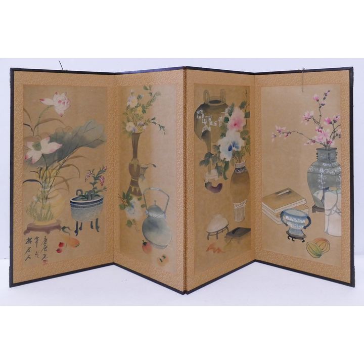 Korean 4 Panel Vases with Flowers Screen- 36x68''