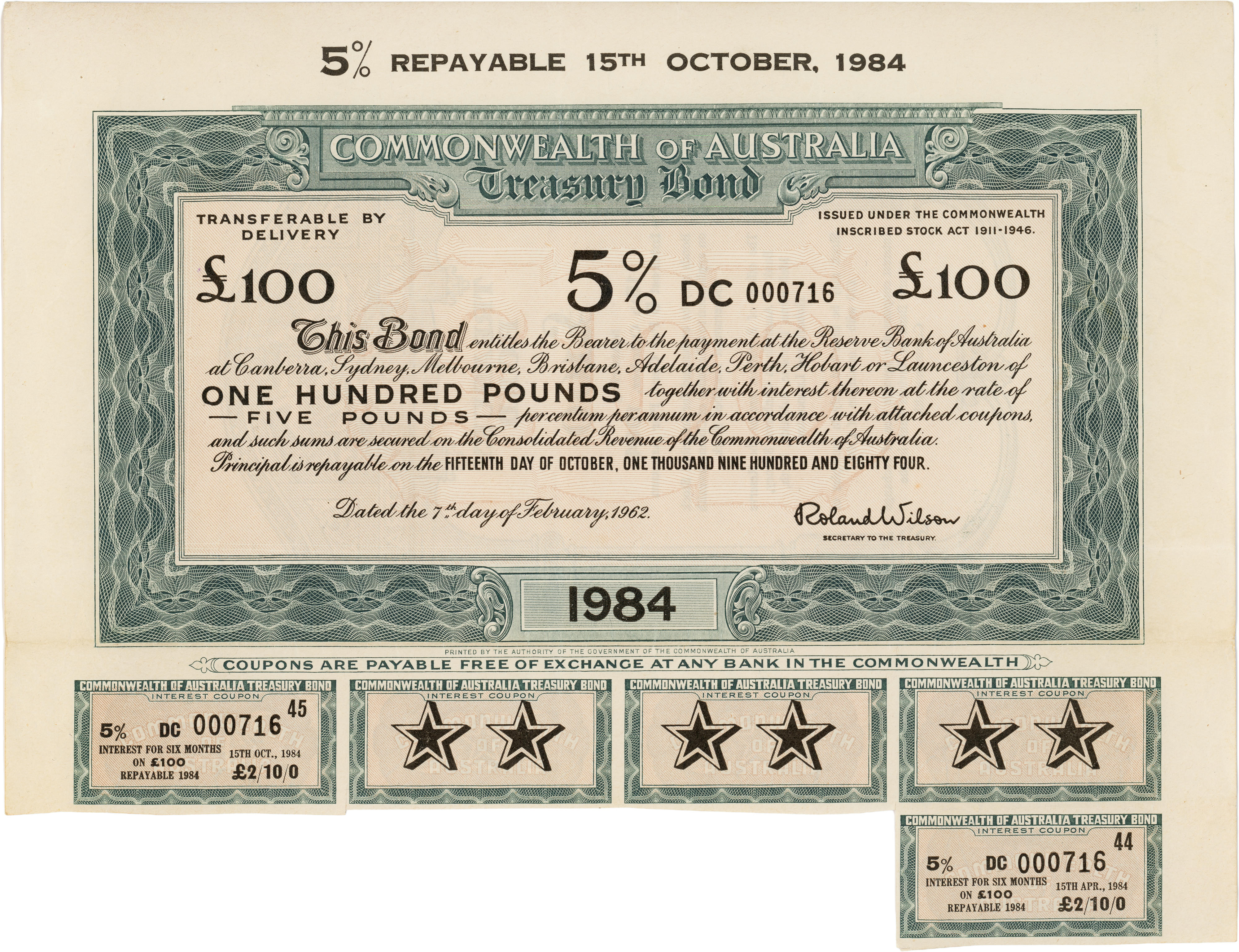 Commonwealth of Australia Treasury Bond, One Hundred Pounds, 1962