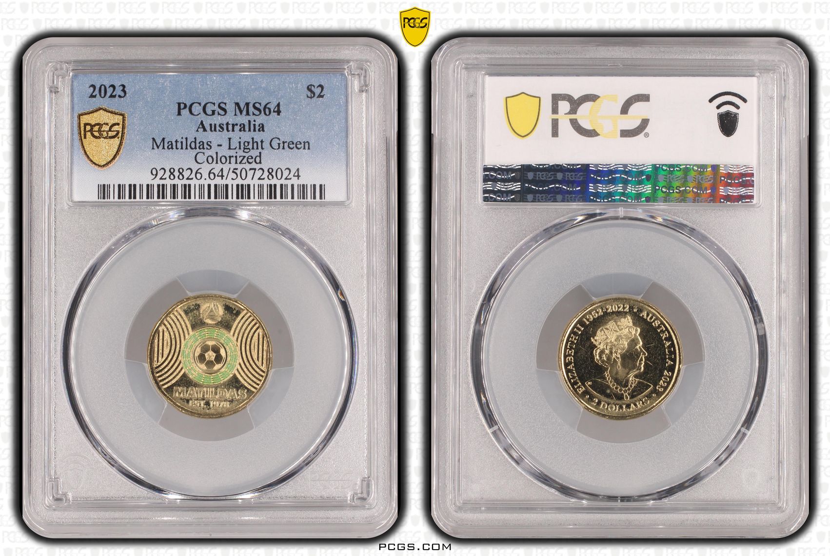 Matildas - Light Green Colorized , Two Dollar, 2023, PCGS MS64