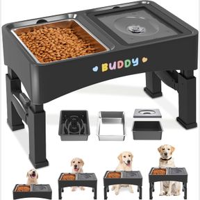 DECFLOW 3-IN-1 ELEVATED DOG BOWLS, 4 HEIGHT ADJUSTABLE RAISED DOG BOWLS WITH STAINLESS STEEL DOG FOOD BOWLS, SLOW FEEDER, NO SPILL