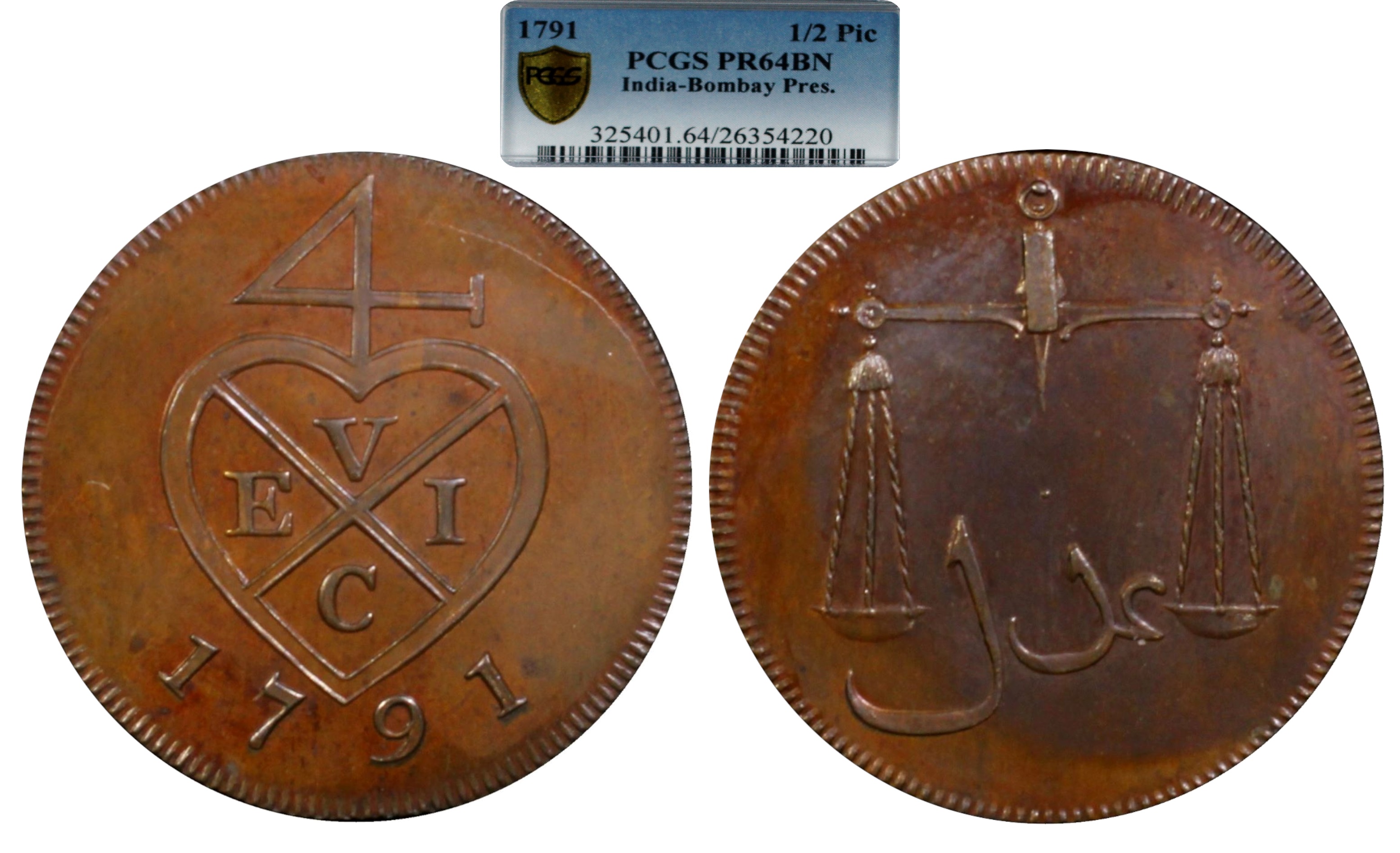 India Bombay Presidency 1791 Proof 1/2 Pice PCGS PR64 Brown