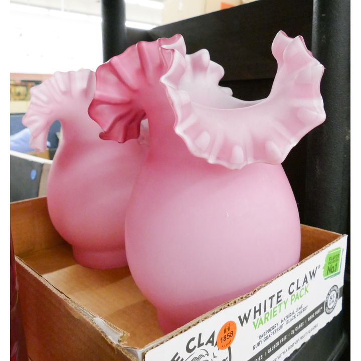 Pair Pink Ruffled Glass Hurricane Shades- 10''