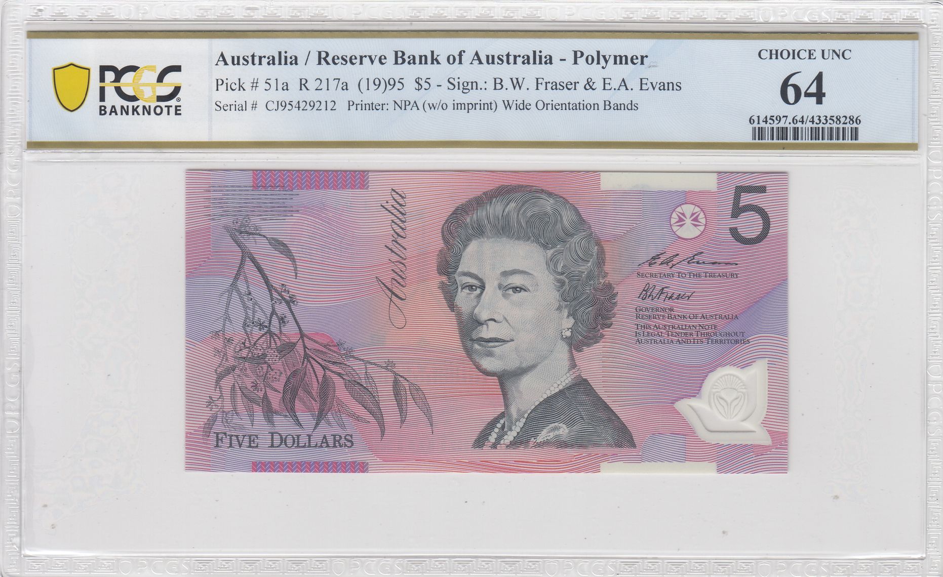 Fraser/Evans, Wide Bands; Last Prefix, Five Dollar, 1995, PCGS Choice UNC 64