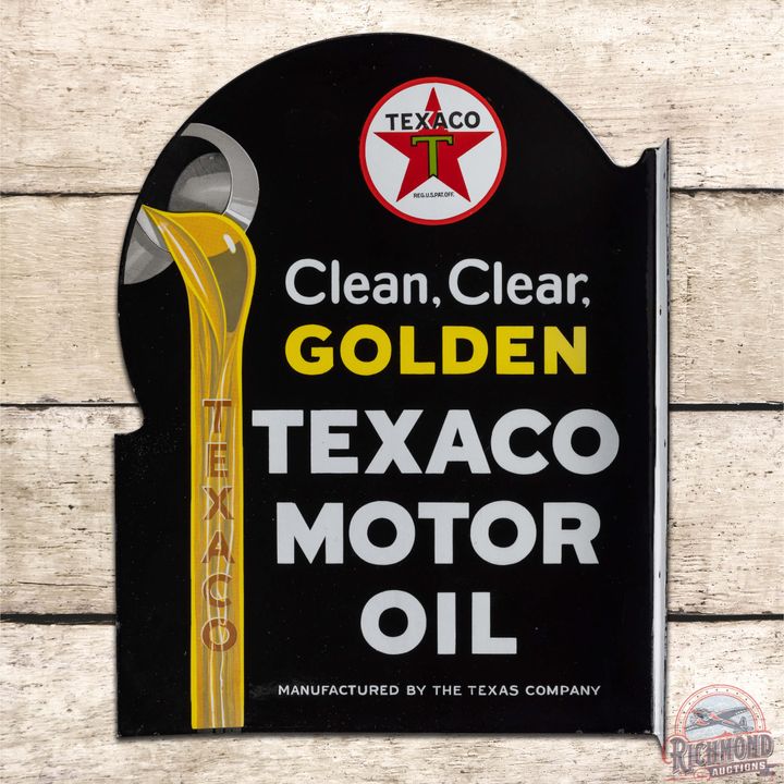 NOS Texaco Motor Oil Clean Clear Golden Die Cut Double Sided Porcelain Flange Sign