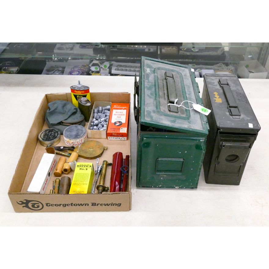 2 Old Metal Ammo Boxes with Gun Cleaning Supplies etc.