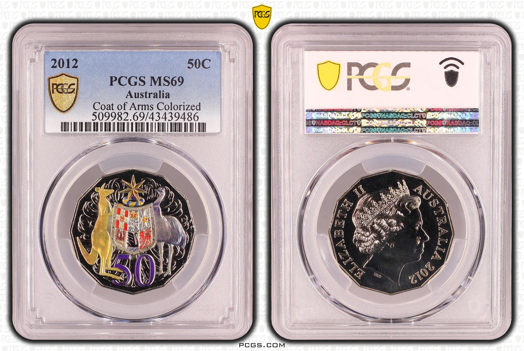 Elizabeth II, Coat of Arms Colorised, Fifty Cent, MS69 , 2012 PCGS POP - 21/0