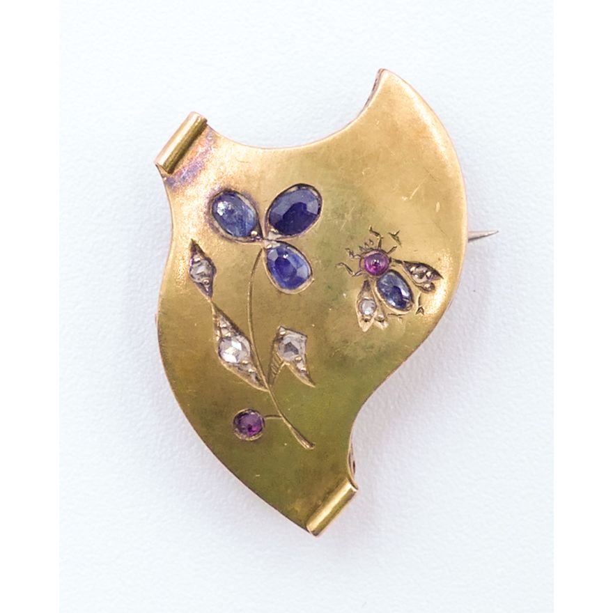 Victorian 18k Sapphire & Diamond Shield Brooch 1'' - 4.2 Grams