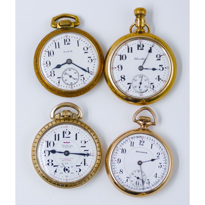 4pc Antique Railroad Style Pocket Watches - Elgin, Burlington, etc.