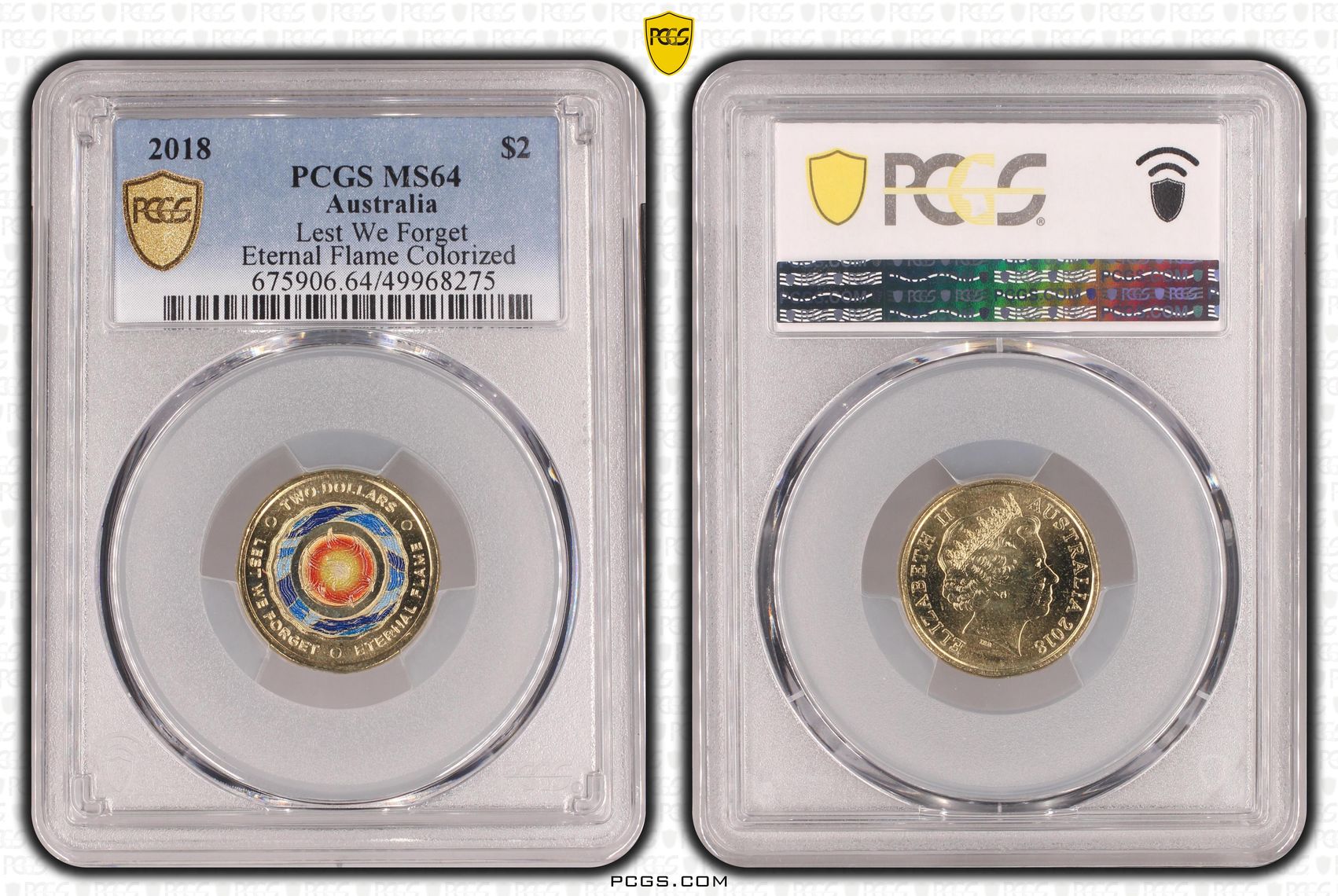 Lest We Forget Eternal Flame Colourised, Two Dollar, 2018, PCGS MS64