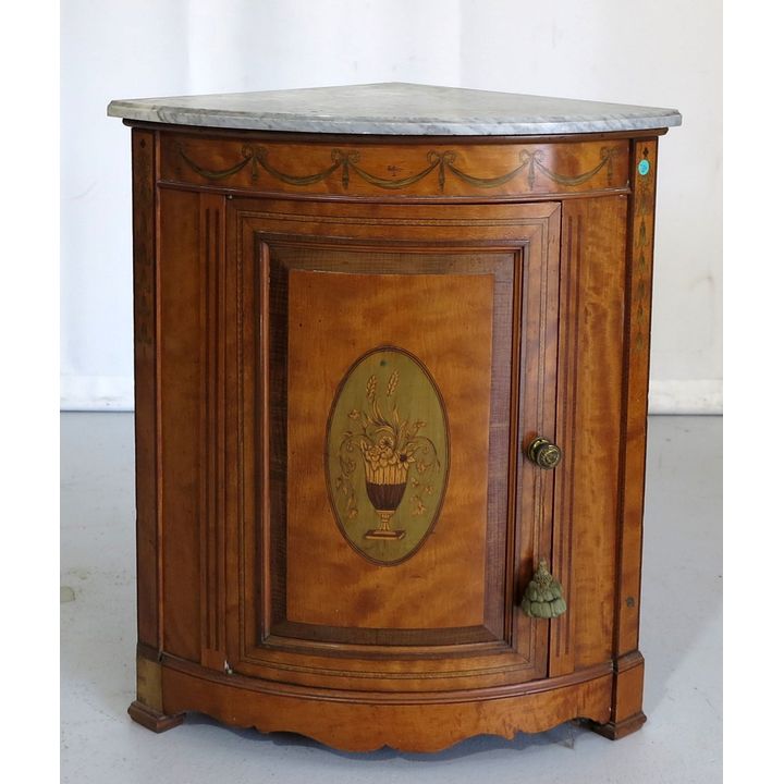 VICTORIAN PAINTED SATINWOOD CORNER CABINET with marble top