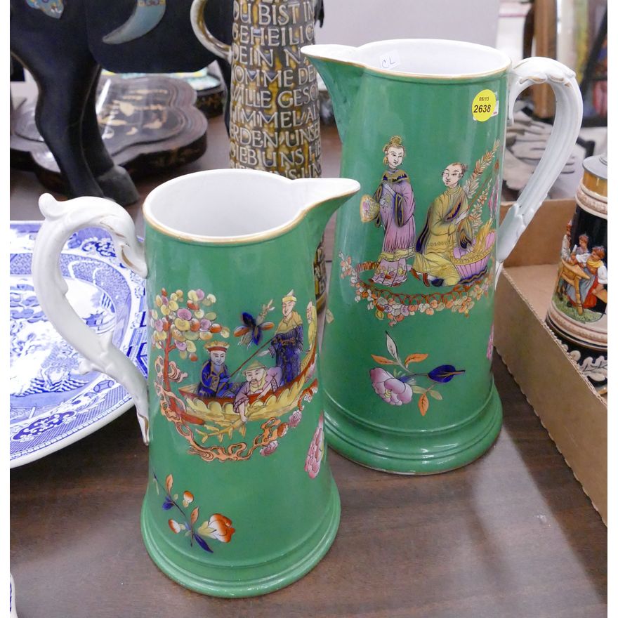 2pc Antique English Chinoiserie Ceramic Pitchers (professionally repaired) 8-11''