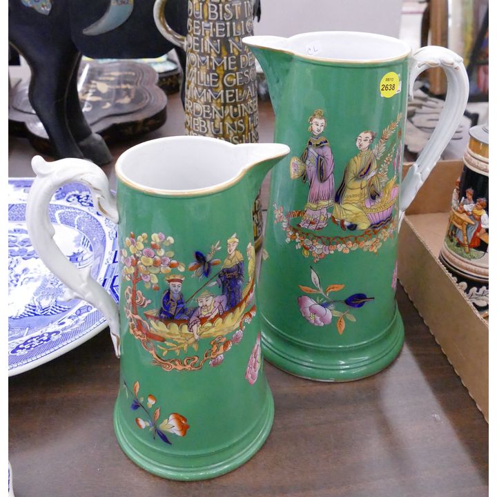 2pc Antique English Chinoiserie Ceramic Pitchers (professionally repaired) 8-11''