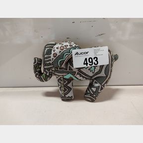 HAND EMBROIDERED STUFFED ELEPHANT - BROWN / GREEN -