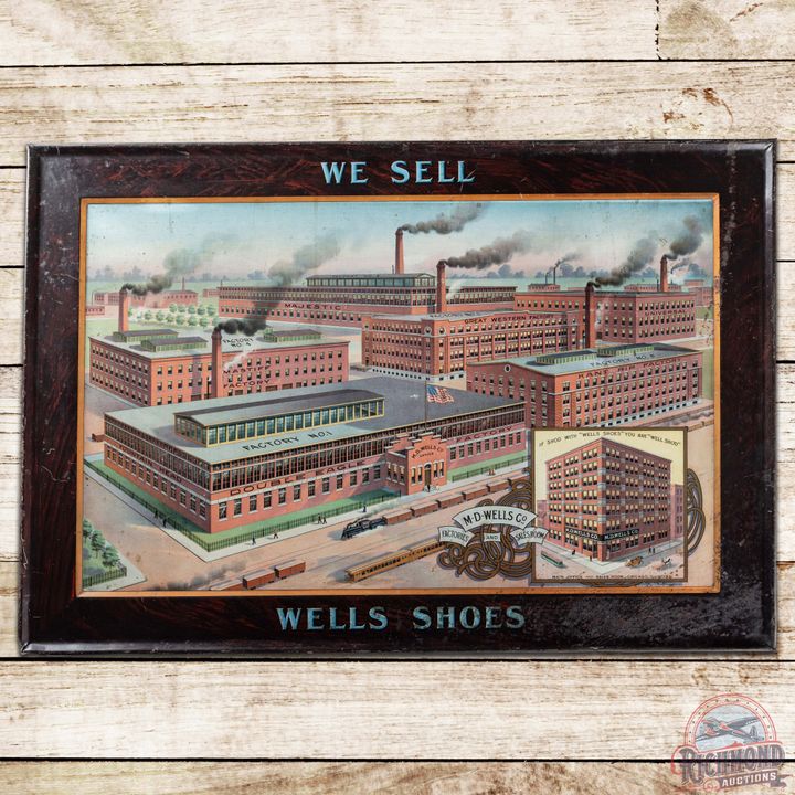 We Sell Wells Shoes SS Tin Lithograph Sign w/ Factory Scene
