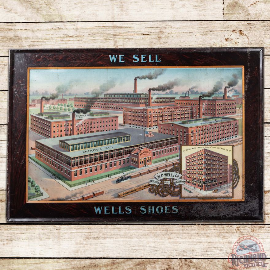 We Sell Wells Shoes SS Tin Lithograph Sign w/ Factory Scene