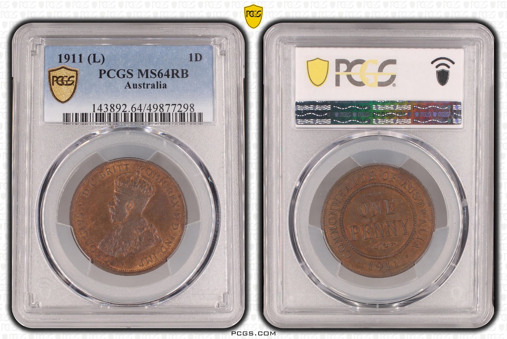 George V, , Penny, 1911, PCGS MS64RB