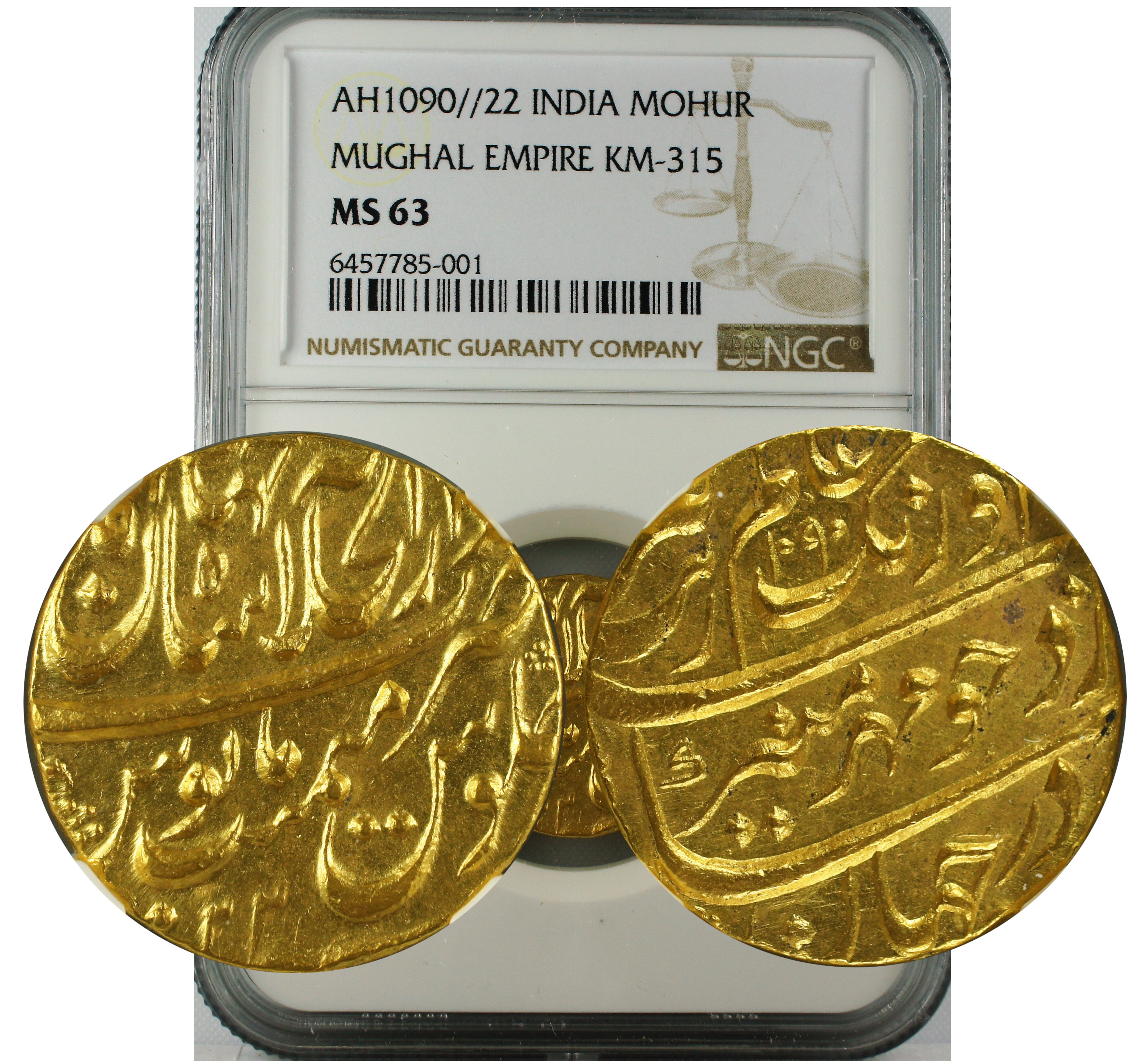 AH 1090//22 INDIA MOHUR MUGHAL KM-315 MS 63