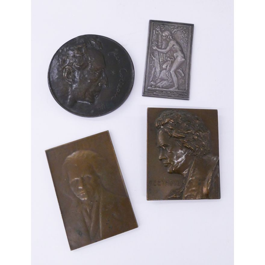 4pc Antique European Bronze Medallions- Jean Cocteau, Beethoven, Etc