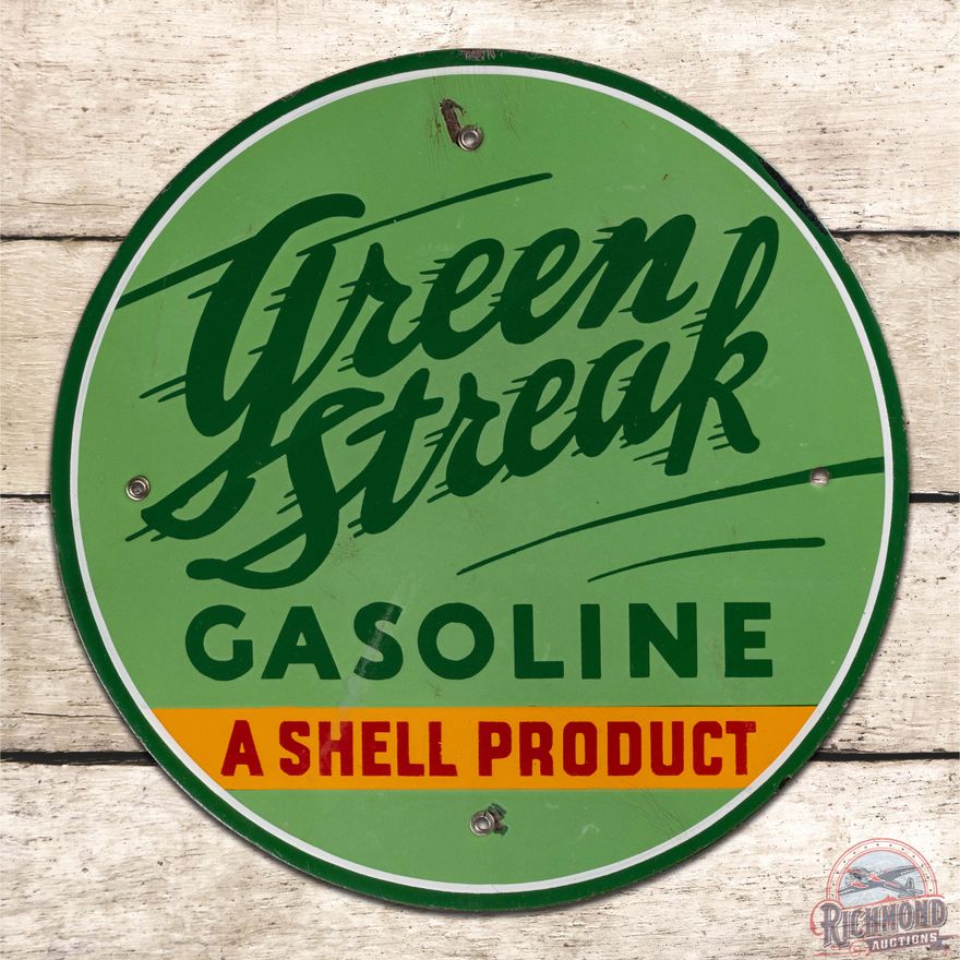 Shell Green Streak Gasoline Single Sided Porcelain Pump Plate Sign