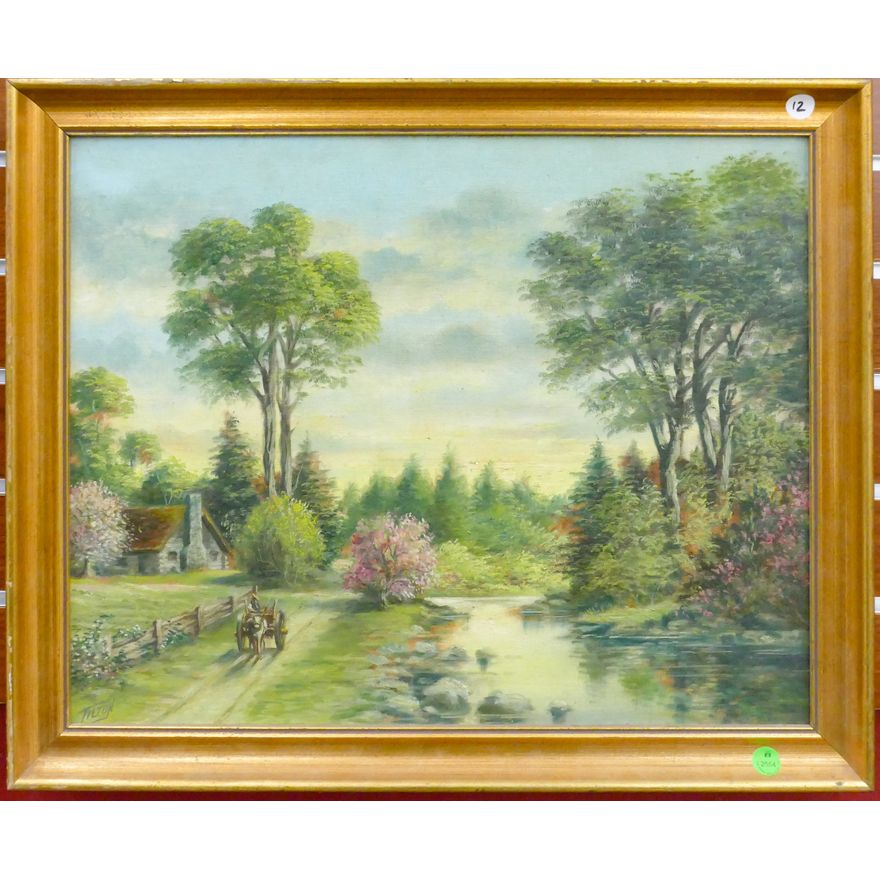Signed Tilton Cottage Landscape Oil Painting Framed 19''x23''