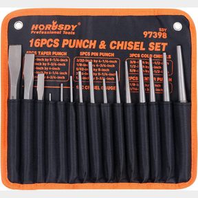 16-PIECE HORUSDY 16-PIECE CHISEL SET - CHROME-VANADIUM STEEL, STRAIGHT EDGE, WOOD/PLASTIC HANDLE - CHISELS AND PUNCHES - METALWORK