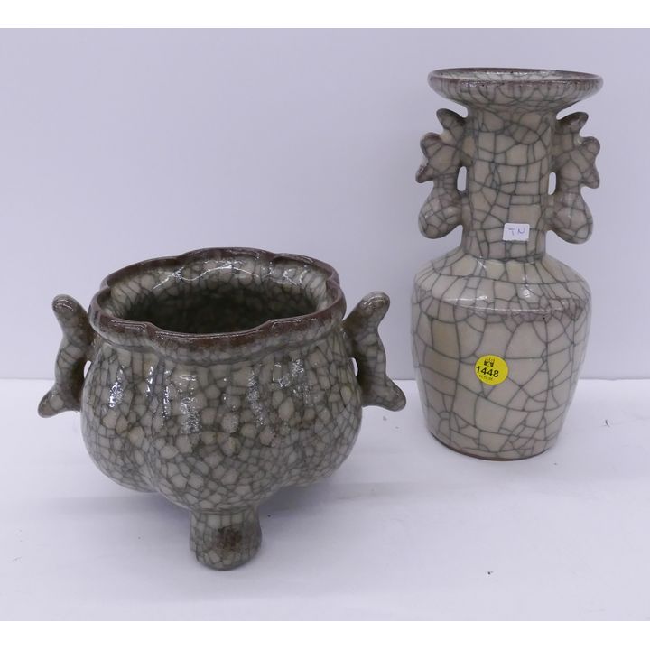 2pc Chinese Crackle Glaze Vase & Censer- tallest 9''