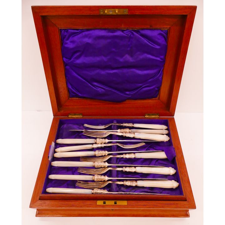 Antique MOP Handled Fruit Knife & Fork Set in Case