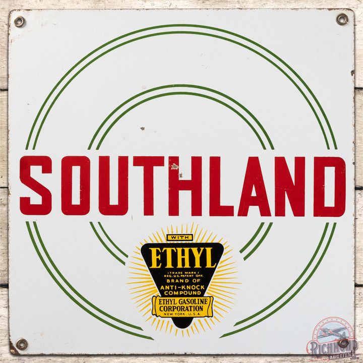 Southland Ethyl Gasoline SS Porcelain Pump Plate Sign w/ Logo