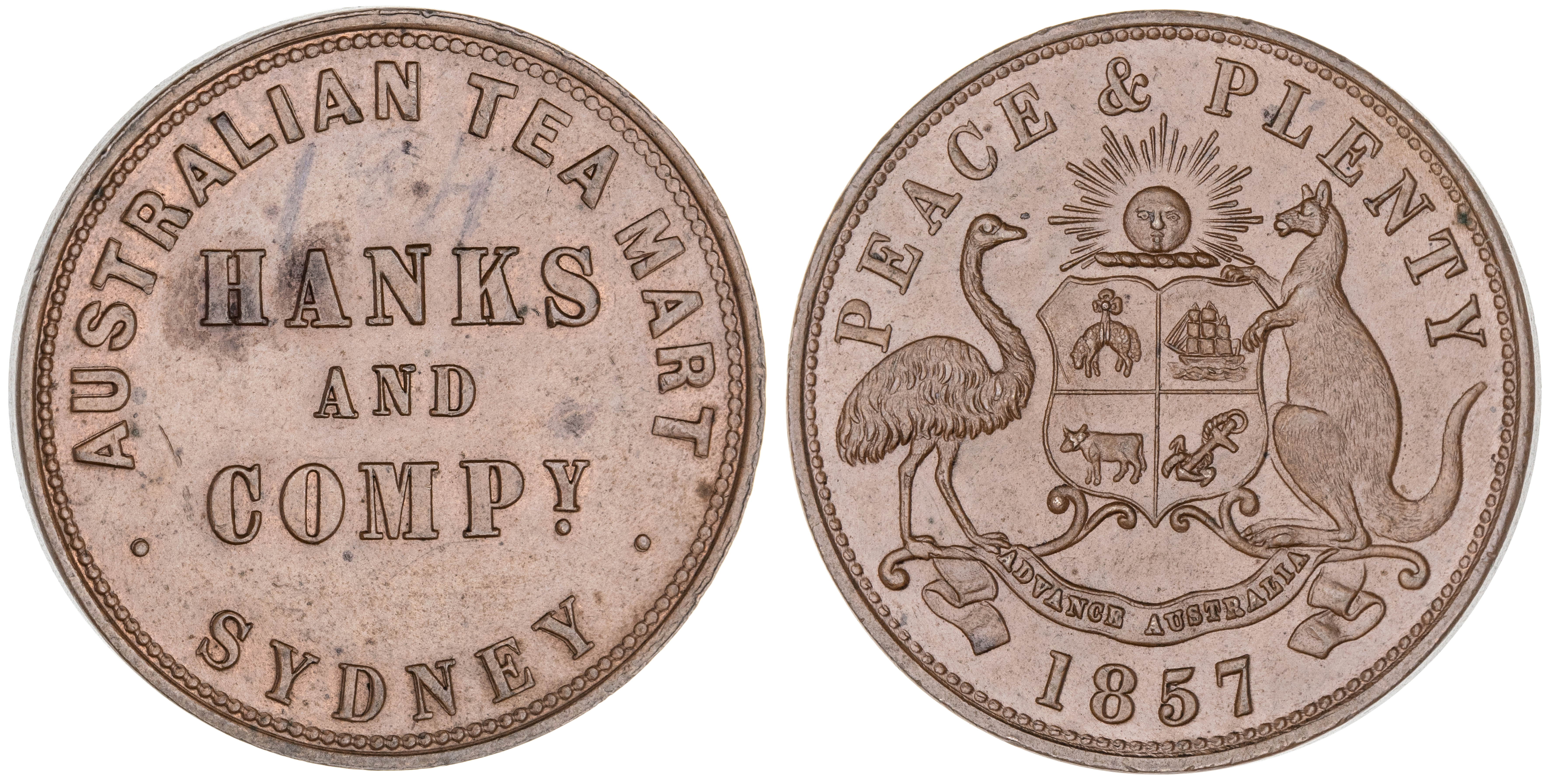 Sydney, New South Wales, Hanks & Company, Penny, 1857, UNC