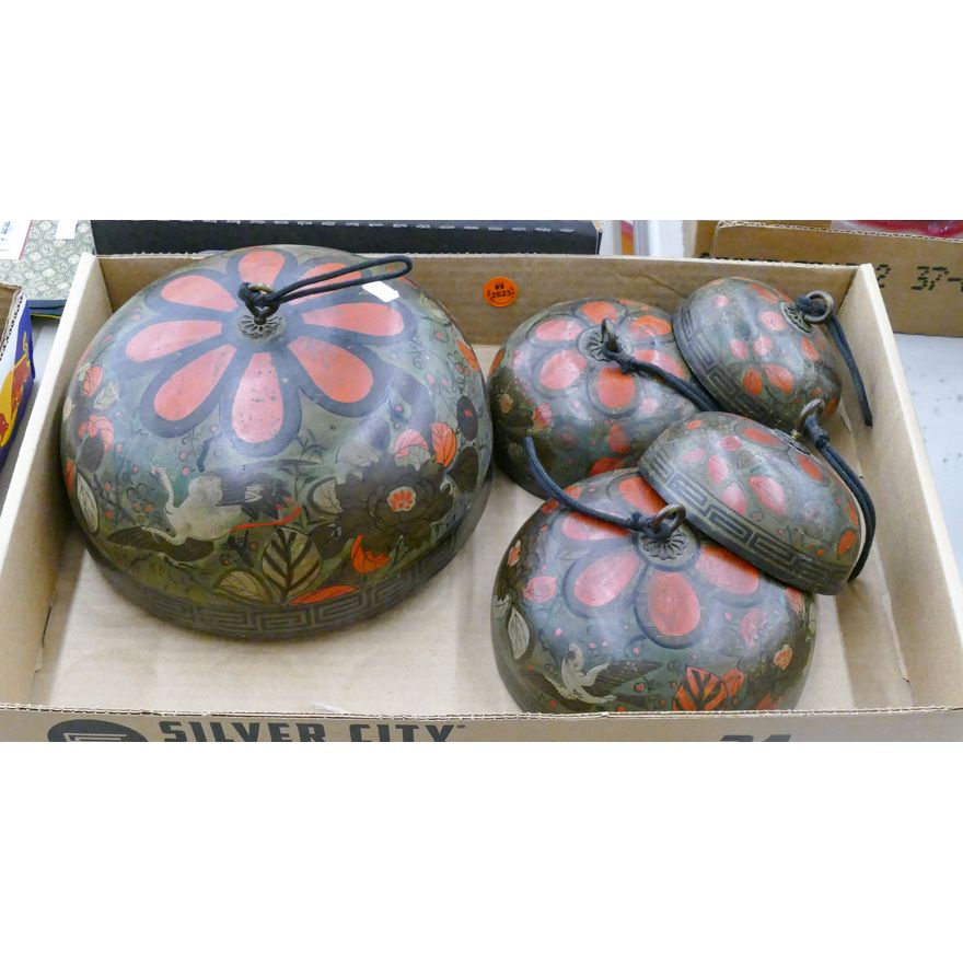 Box Old Japanese Painted Brass Graduated Temple Bells