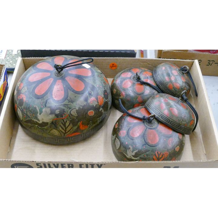Box Old Japanese Painted Brass Graduated Temple Bells
