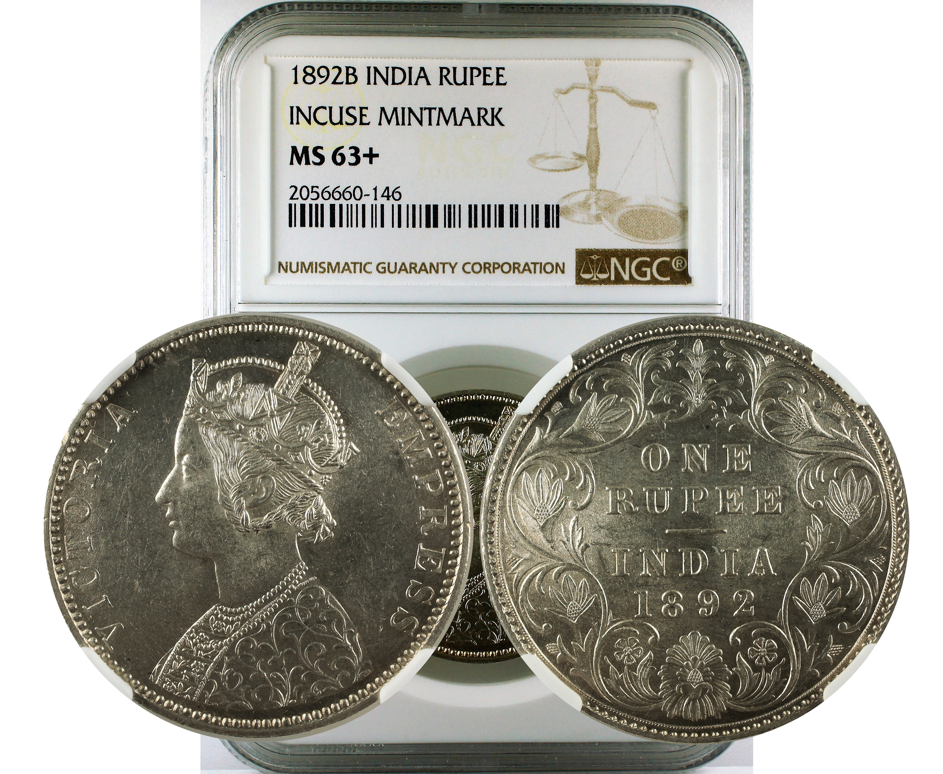 1892B INDIA INCUSE MINTMARK RUPEE MS 63+