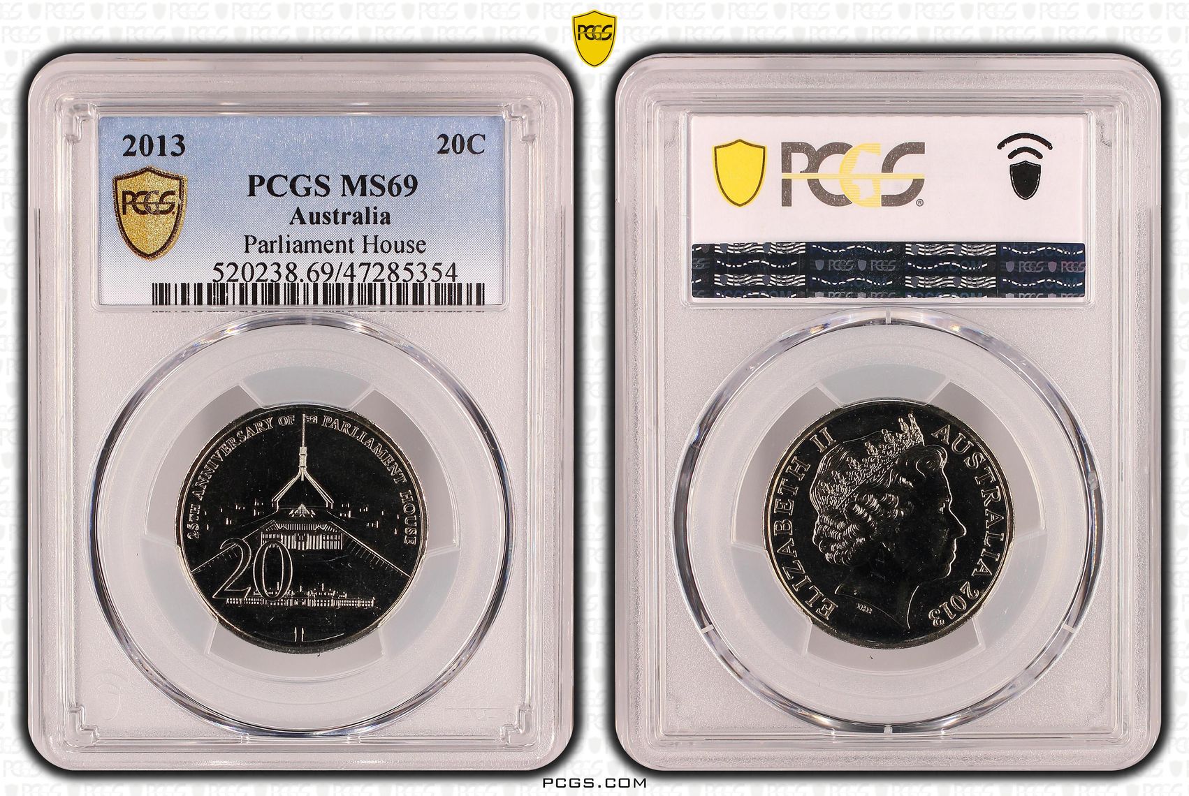 Elizabeth II, Parliament House, Pop 8/0, Twenty Cent, 2013, PCGS MS69