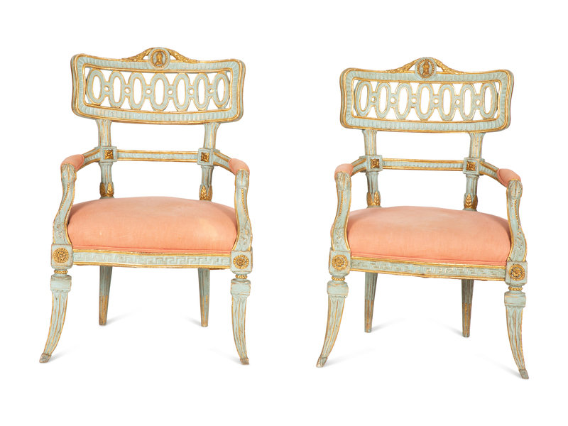 A Pair of Venetian Painted and Parcel Gilt Armchairs 
Height 38 1/4 x width 25 x depth 22 inches.