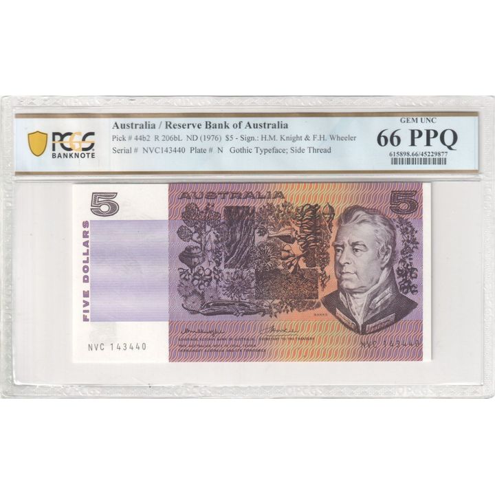 1976 Australia $5 Banknote Knight/Wheeler Gem Unc 66 PPQ  - R.206bL