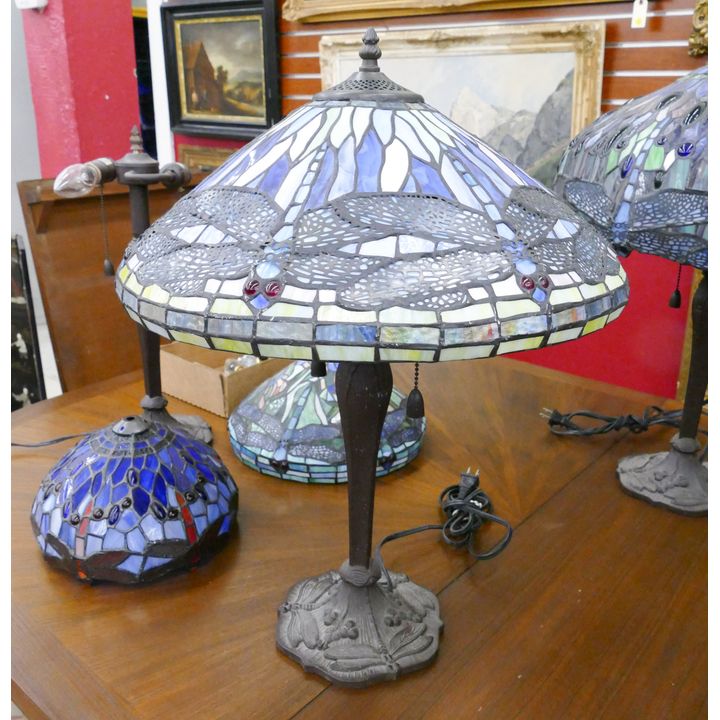 Tiffany Style Dragon Fly Leaded Glass with Metal Dragonfly Base- 21x16''