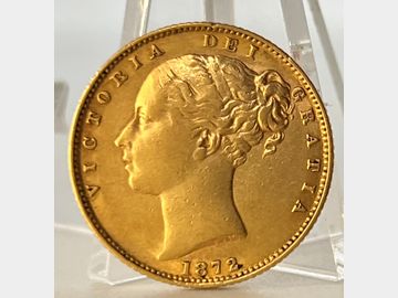 1872 VICTORIA YOUNG HEAD #DIE 100 SHIELD GOLD SOVEREIGN