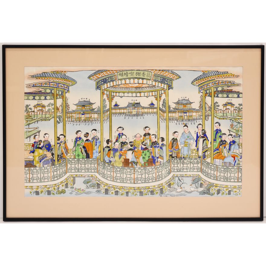 Large Chinese Color Woodblock Print Framed