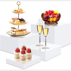 BINBE 4 PCS ACRYLIC RISERS FOR DISPLAY WHITE RISERS BUFFET RISERS DESSERT DISPLAY STAND HOLLOW BOTTOMS 4 DIFFERENT SIZE CUBE ACRYL