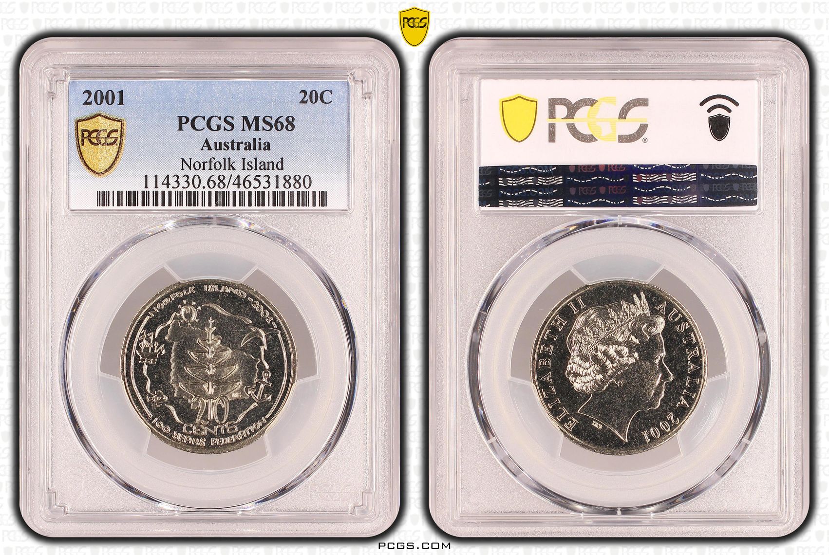 Norfolk Island, Twenty Cent, 2001 POP Report 8/1, PCGS MS 68