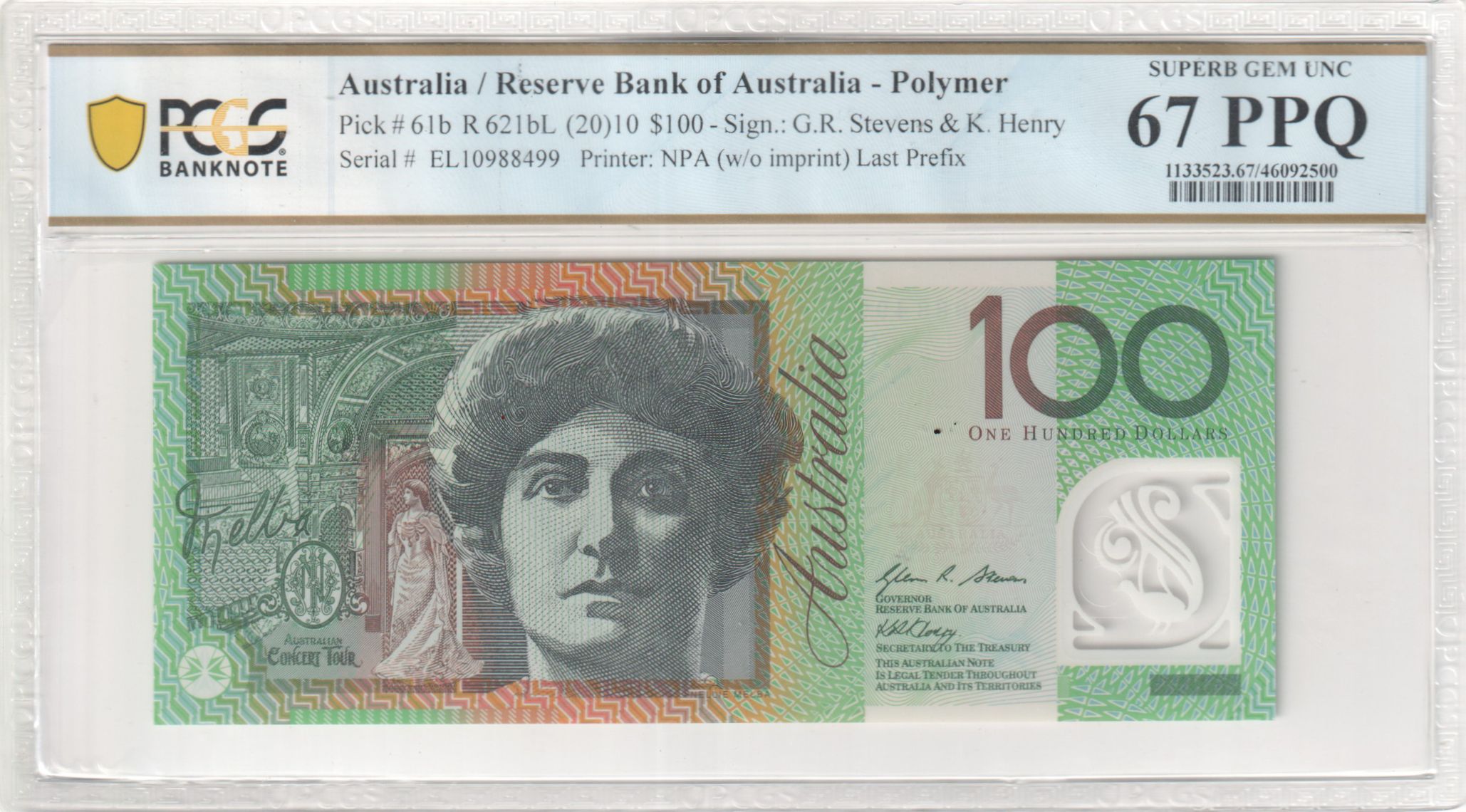 Stevens/Henry, Last Prefix, Hundred Dollar, 2010, PCGS Superb Gem UNC 67 PPQ