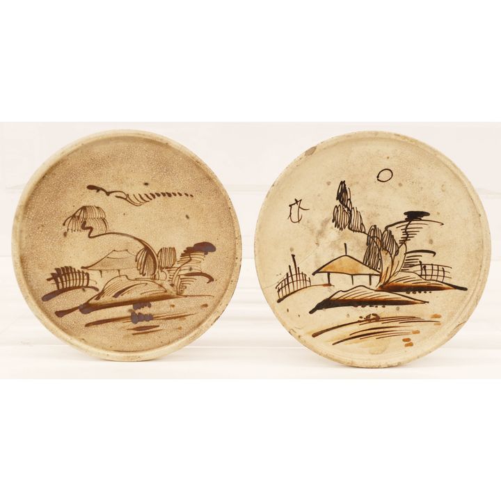 2pc Japanese Edo Seto Ware Andon Zara Oil Plates
