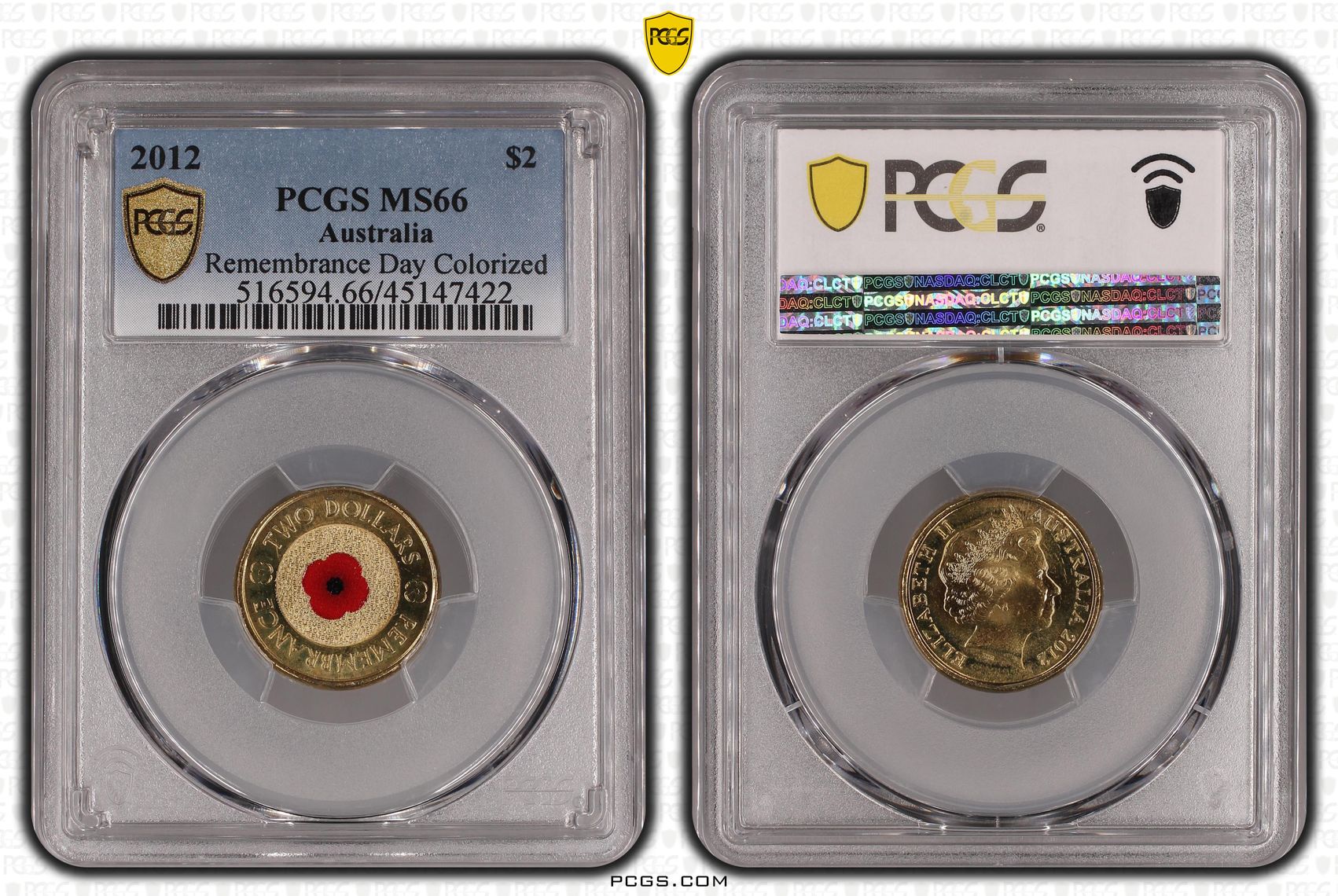 2012 Australia Two Dollar, $2 Remembrance Day Colored PCGS - MS66 -422