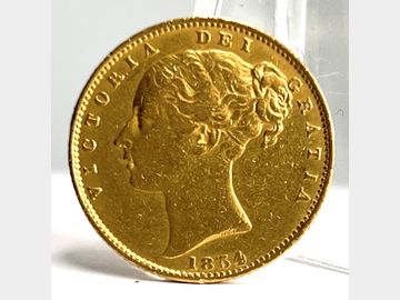 1854 VICTORIA YOUNG HEAD LONDON MINT SHIELD GOLD SOVEREIGN