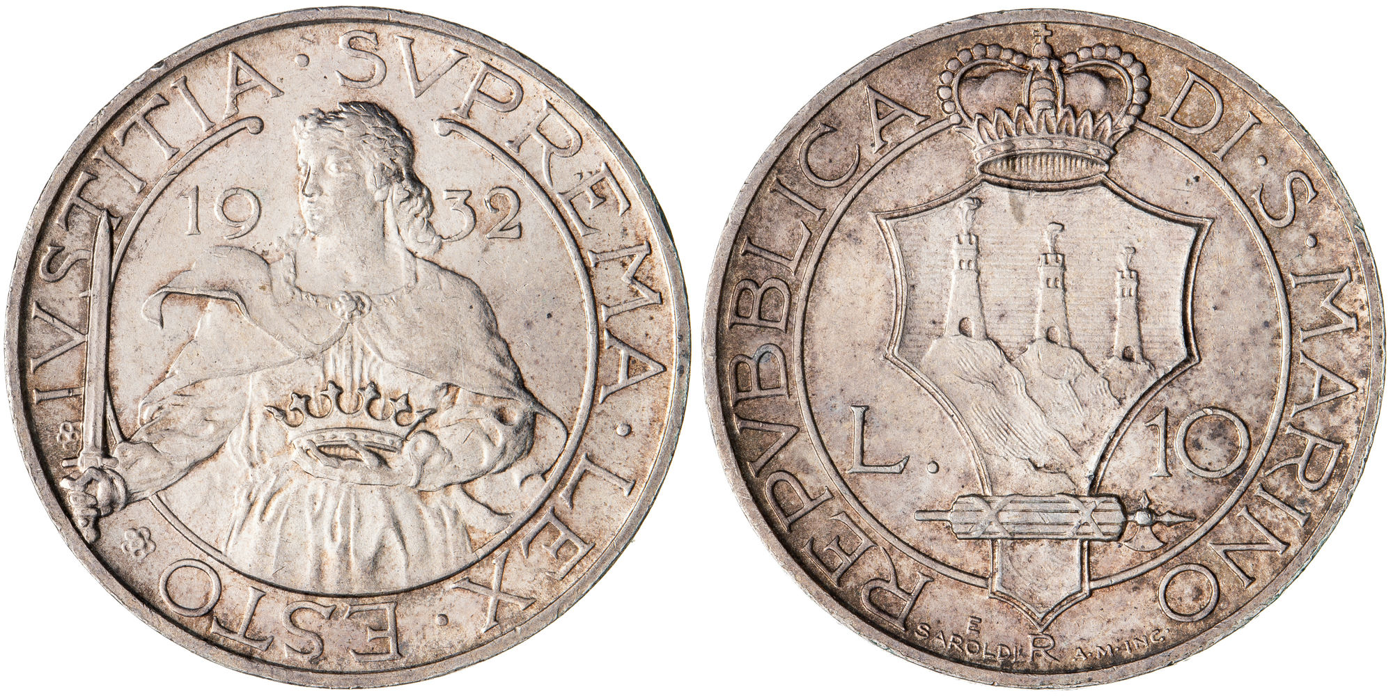 San Marino, Republic, Ten Lire, 1932, aUNC