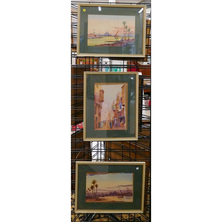 3pc Harold Merriam 1940's Egyptian Scene Watercolors Framed- 15x20''