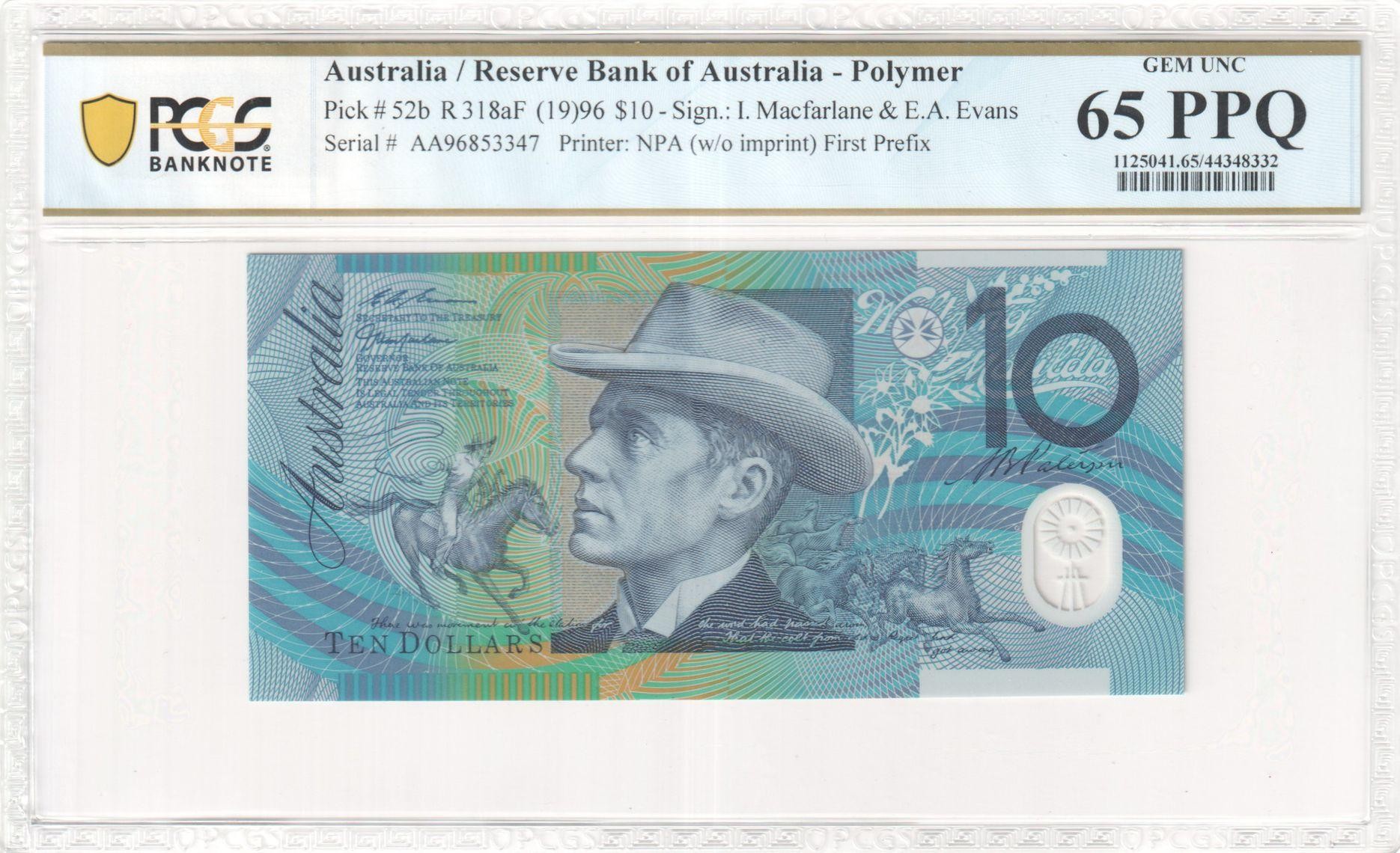 178 · RBA, Polymer, NPA (w/o imprint), Sign.: I. Macfarlane & E.A. Evans, First Prefix, Ten Dollar, 1996, PCGS - Gem UNC 65 PPQ