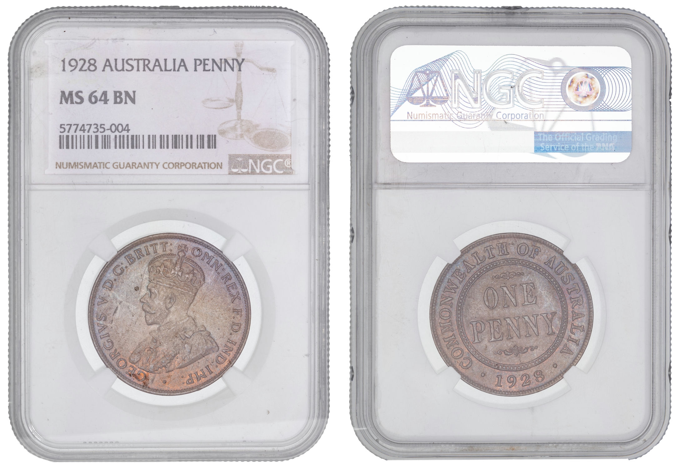 George V, Penny, 1928, NGC MS64BN